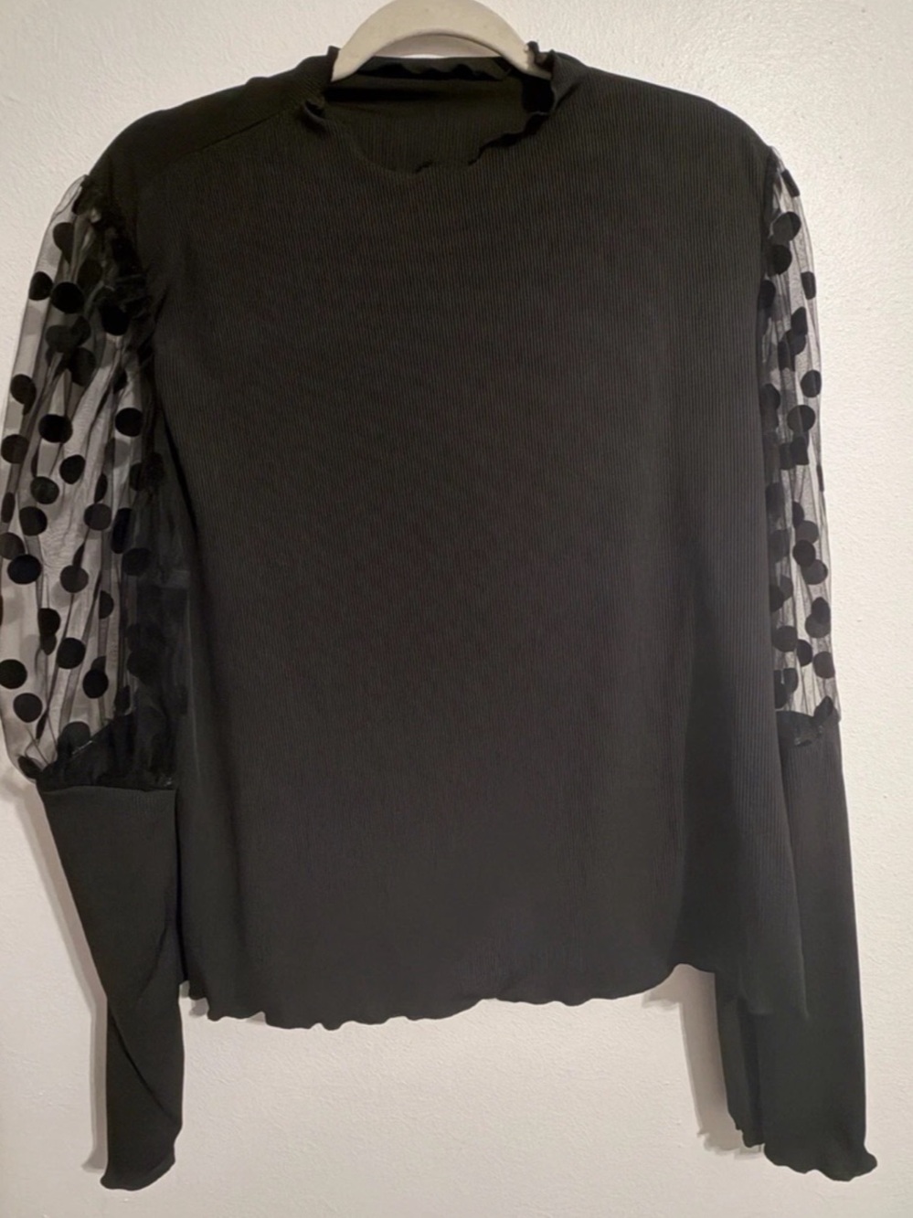 Polka Dot Mesh Sheer Sleeve Long Sleeve Top in Black Like New Ruffle